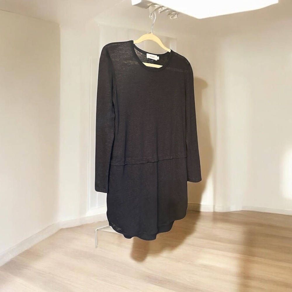 A.L.C. Black Linen Sheer Long Sleeve Dress XS Lined High Low Hem